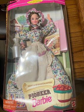 Barbie Pioneer Doll in Floral Print Dress with Cream Apron and Pink Bonnet